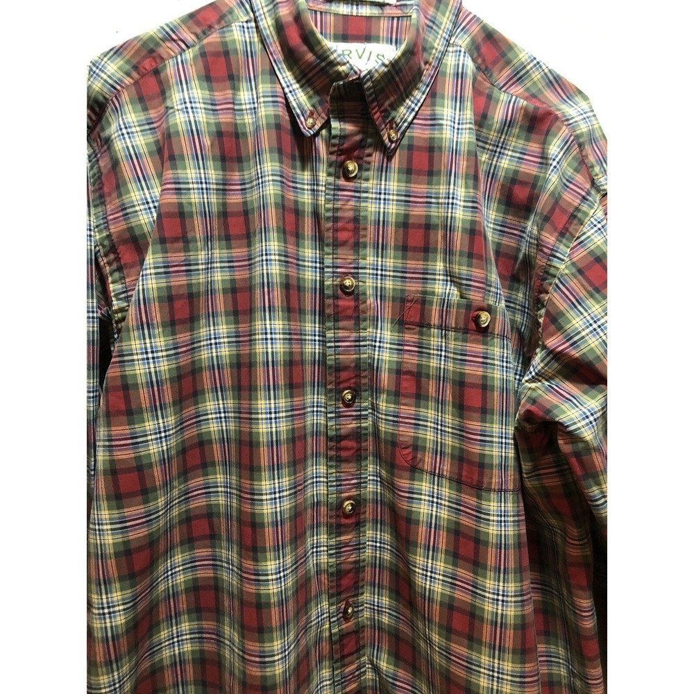 Orvis - Men's Large Plaid-Red-Green-Yellow Long Sleeved 100% Cotton - Nice Shirt